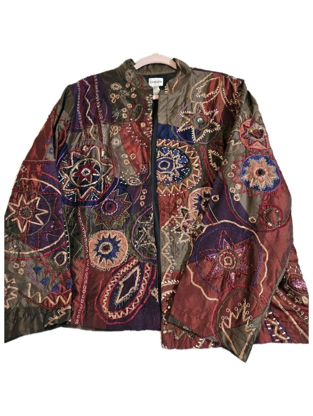 Vtg Chicos Silk Blend Embroidered Boho Patchwork Art Jacket Metallic Festival